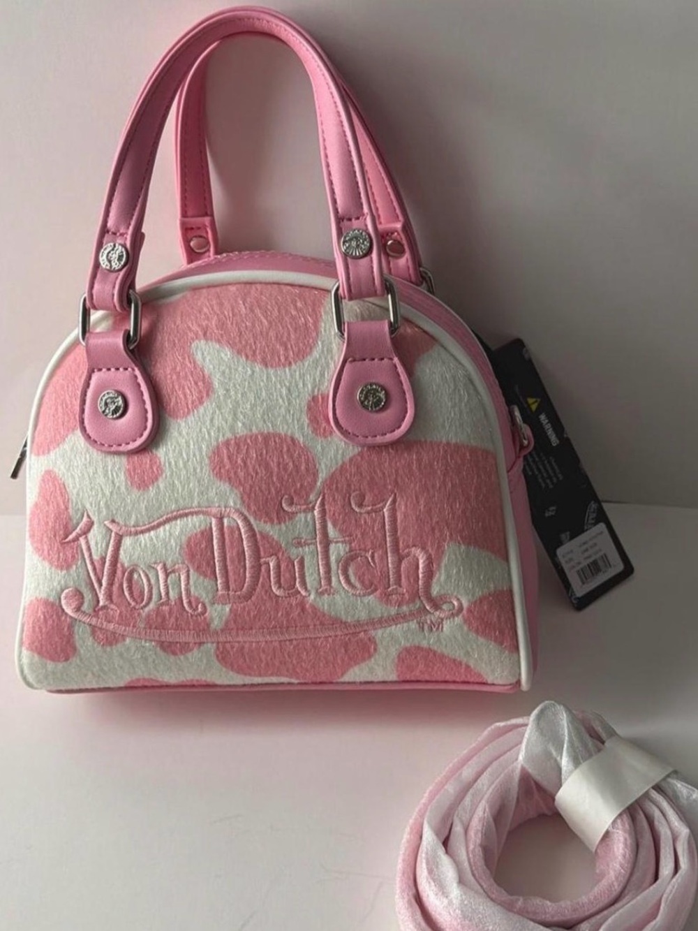 Von Dutch Pink & White Cow Print Bowling Bag / Dome Satchel